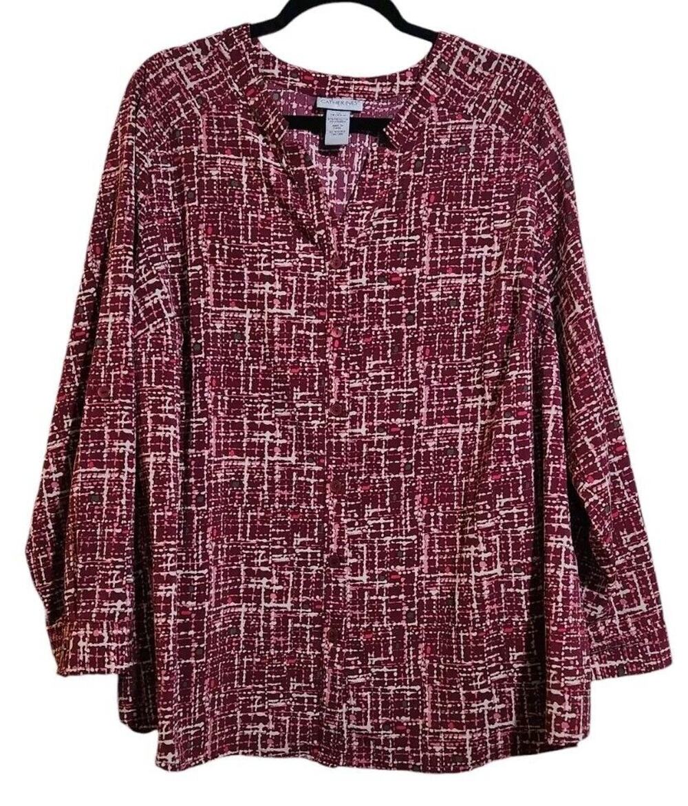 Catherines Button Up Top Womens Plus Sz 1X Wine Pink White Long Sleeve Bohemian